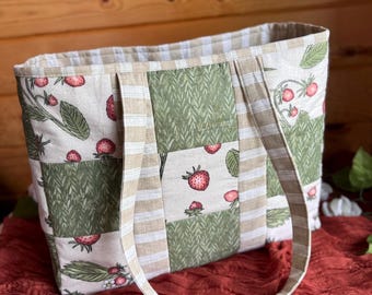 Strawberry Patchwork Quilted Tote Bag: with  Pockets!