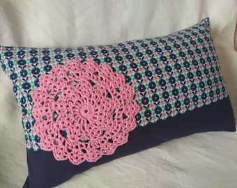 Blue and pink cushion cover, hook, patchwork, cushion cover