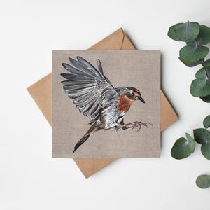 Biglietto d'auguri con pettirosso, biglietto d'auguri dipinto con pettirosso volante, interno vuoto, regalo perfetto per gli amanti degli uccelli, pettirosso dei propri cari su tela di lino