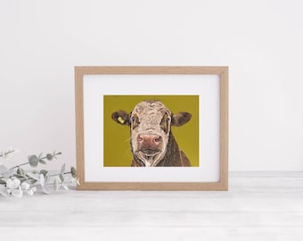 Cow "Bruce" Art Print: Farm Animal Painting, Olive Background