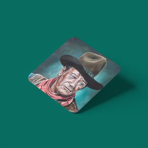 Peut inclure: Une peinture d'un homme portant un chapeau de cowboy brun et un bandana rouge. L'homme a une expression sérieuse sur son visage et regarde sur le côté. L'arrière-plan est une aquarelle bleue et blanche.