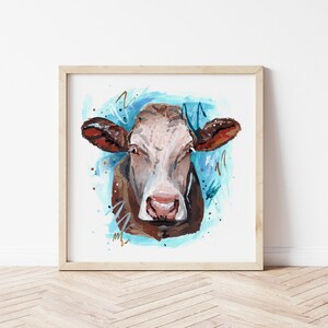 Hereford Cow, Fine Art Print. Blue, red Hereford cattle agriculture farming farm art acrylic painting.