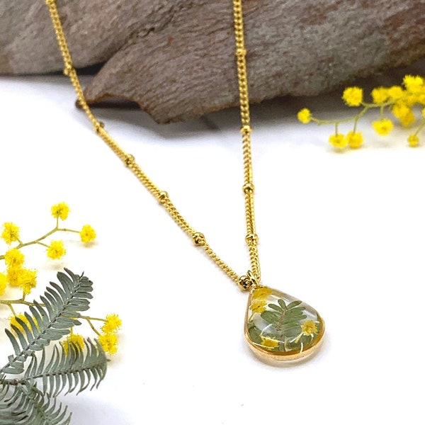 Australian Wattle Necklace, Real pressed flowers preserved on a dainty resin pendant, High quality steel chain with optional gold plating