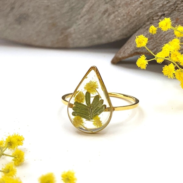 Wattle Teardrop Resin Ring, Australian Native flora preserved in botanical jewellery