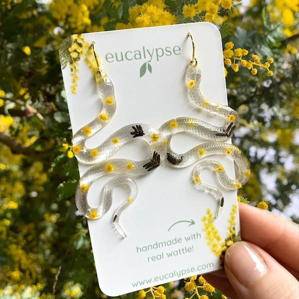 Wattle snake resin earrings, real pressed native flowers in jewellery, handmade in australia, stainless steel hooks optional gold-plating