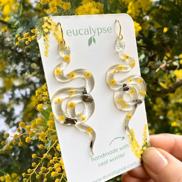 Wattle snake resin earrings, real pressed native flowers in jewellery, handmade in australia, stainless steel hooks optional gold-plating