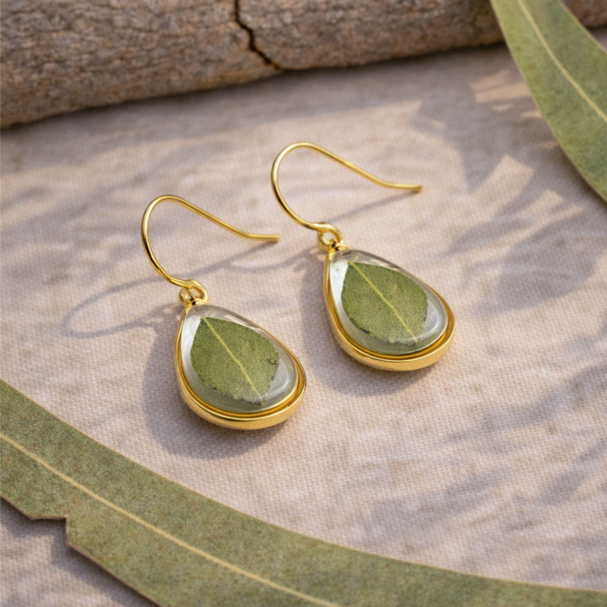 Dainty Eucalyptus Earrings, Real Australian Eucalyptus Leaves, Preserved Forever in Elegant Resin Jewellery