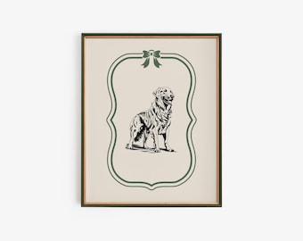 Golden Retriever Dog Nursery Print Green, Vintage Digital Prints, Nursery Art Print, Bow Dog Print, Wall Art, Digital Download