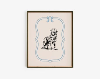 Peut inclure: Impression encadrée avec une illustration en noir et blanc d'un chien. Le chien est dans un cadre décoratif bleu clair, surmonté d'un nœud. Le cadre a une bordure vert foncé, sur fond crème, pour la décoration intérieure.