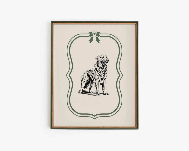 Golden Retriever Dog Print Green , Vintage Digital Prints, Nursery Art Print, Bow Dog Print, Wall Art, Digital Download