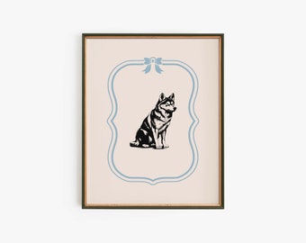 Husky Dog Nursery Print Blue , Vintage Digital Prints, Nursery Art Print, Bow Dog Print, Wall Art, Digital Download