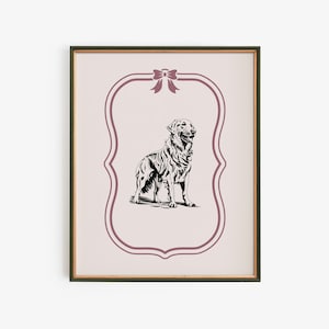 Golden Retriever Dog Nursery Print Pink , Vintage Digital Prints, Nursery Art Print, Bow Dog Print, Wall Art, Digital Download