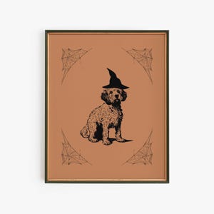 Golden Doodle Dog Nursery Print Halloween , Vintage Digital Prints, Nursery Art Print, Witch Hat Dog Print, Wall Art, Digital Download