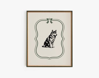 Husky Dog Nursery Print Green , Vintage Digital Prints, Nursery Art Print, Bow Dog Print, Wall Art, Digital Download