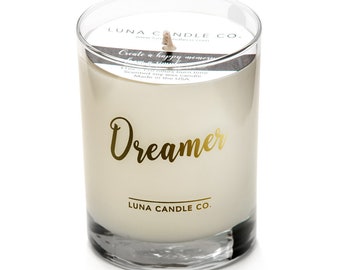 Dreamer Gold Metallic Script-Lavender Natural Soy Wax Scented Candle With Up To 110 Hour Burn Time- 11 oz Glass Jar