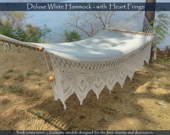 Hanging Hammock White Boho Hearts Fringe