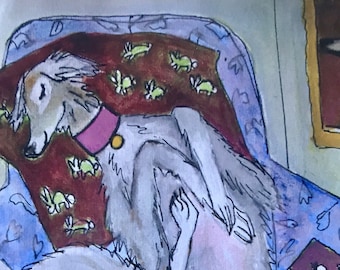 It&#39;s a hard life! Lazy Lurcher JUMBO Postcard x 5 by Charlotte Lindsay BA for Exmoor Lurcher