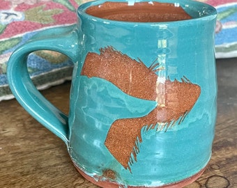 Studio Art Scraffito Pottery Blue Green Teal Greyhound, Whippet, Deerhound Lurcher Dog Mug Russell Kingston Lynmouth Signed