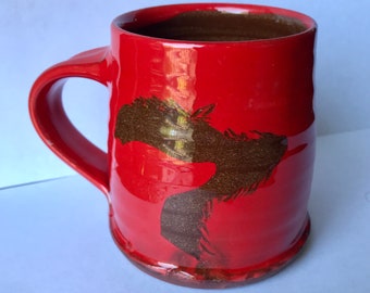Studio Art Scraffito Pottery Bright Red Greyhound, Whippet, Deerhound Lurcher Dog Mug Russell Kingston Lynmouth Signed