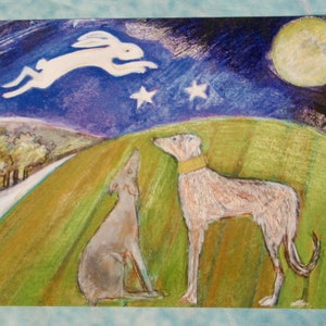 La lepre salta sopra la luna, cartolina Lurcher x 5 di Charlotte Lindsay B.A. per Exmoor Lurcher