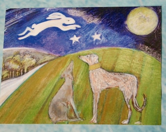 The Hare Jumps over the Moon, Lurcher Postcard x 5 by Charlotte Lindsay B.A. for Exmoor Lurcher