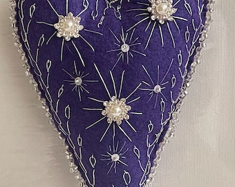 Purple and Silver Couture Embroidered Felt Heart Shaped Ornament/Embroidery/Ornament