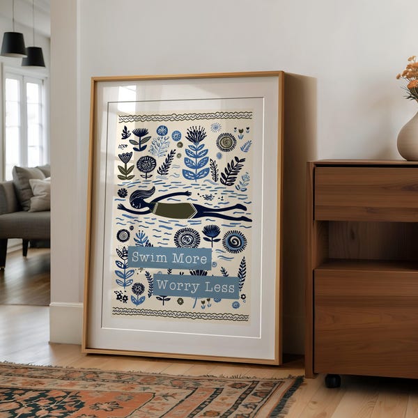 Swim More Worry Less – Folksy Boho Hiking Print | Wildflowers, Wild Swimming Wall Art - Blue & Green Nature Illustration