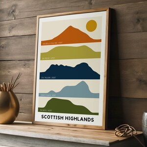 Op de afbeelding: Een minimalistische poster met een beige achtergrond met een gestileerde illustratie van de Schotse Hooglanden. De poster toont de silhouetten van vijf bergen met hun namen en hoogtes in voet. De bergen zijn gekleurd in tinten oranje, groen, blauw en grijs. De poster heeft ook een gele zon in de rechterbovenhoek. De tekst "SCOTTISH HIGHLANDS" is in zwart gedrukt aan de onderkant van de poster.