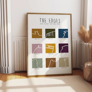 May include: A framed print displaying "The Edges" of the Peak District National Park. The artwork features nine coloured squares, each with a white line drawing representing a location, and the location's name below. The frame is wooden.