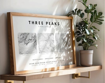 Three Peaks Challenge Print: Minimalist Mountain Contour Art, Ben Nevis, Scafell, Snowdon