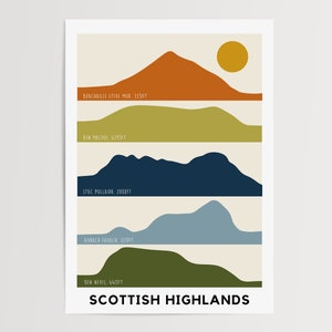 Op de afbeelding: Een minimalistische illustratie van de Schotse Hooglanden met een gele zon in de rechterbovenhoek. De bergen worden weergegeven door gelaagde, kleurrijke silhouetten met de namen en hoogtes van elke berg eronder vermeld: Buachaille Etive Mor, 3359 voet; Ben Macdui, 4295 voet; Stac Pollaidh, 2008 voet; Ronach Faga, 3170 voet; Ben Nevis, 4413 voet. De tekst "SCOTTISH HIGHLANDS" staat onderaan de afbeelding.