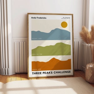 May include: A minimalist poster with a mountain range design in blue, green, and orange. The poster features the text "Three Peaks Challenge" and the names of the three mountains: Ben Nevis, Scafell Pike, and Snowdon, along with their heights in meters. The poster also includes the date "15th - 18th May 2024" and the text "Andy Fredericks".