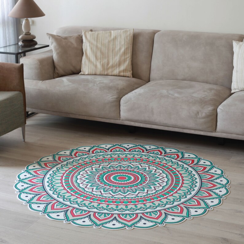 Printed Vinyl Floor Mat Green Red Round Linoleum Rug Image 0