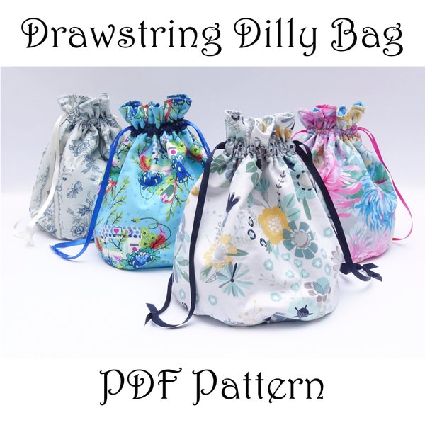 Modèle PDF de sac Dilly à cordon avec six poches internes; modèle de sac à cordon, modèle de sac PDF