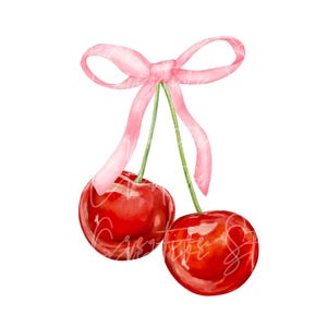 May include: Two red cherries with green stalks tied together with a pink ribbon bow.
