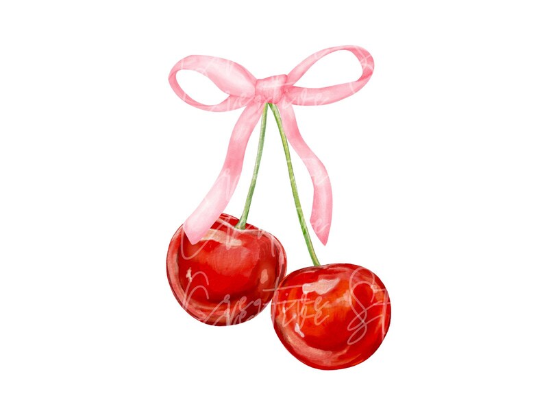 May include: Two red cherries with green stalks tied together with a pink ribbon bow.