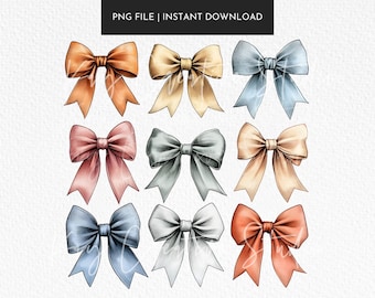 Watercolor Pastel Bows, Coquette PNG Clipart (Digital Download)