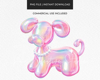 Watercolor Pink Balloon Dog PNG, Pearls and Bows (Digital Download)