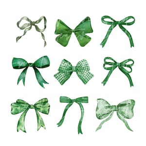 May include: Nine watercolor illustrations of green bows in various styles. Some bows are solid green, while others have a plaid pattern.