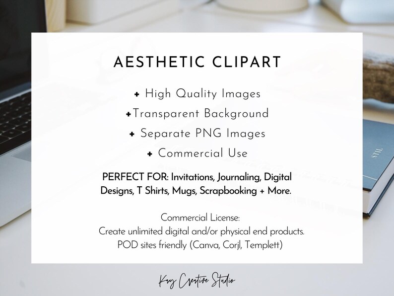 May include: A white background with black text that reads "AESTHETIC CLIPART".  The text below lists features of the clipart, including high quality images, transparent background, separate PNG images, and commercial use.  The text also states that the clipart is perfect for invitations, journaling, digital designs, t-shirts, mugs, scrapbooking, and more.  The text also includes a commercial license and states that the clipart is POD sites friendly.