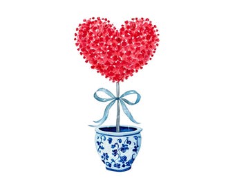 Chinoiserie Red Heart Topiary PNG, Sublimation Design (Digital Download)