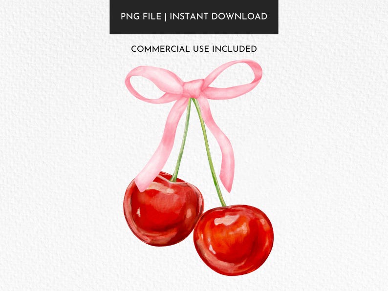 May include: Two red cherries tied together with a pink ribbon. The cherries are drawn in a watercolour style.