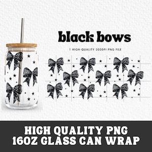 Black Bows Libbey 16 Oz Glass Wrap png, PNG for UV DTF 16oz Can Glass Wrap | Digital Download