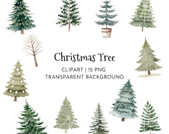 Watercolor Christmas Tree Clipart, Holiday PNG Set (Digital Download)