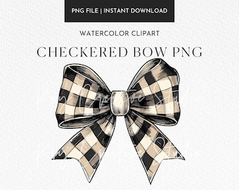 Checkered Bow Clipart, Watercolor Style (PNG File)