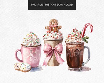 Watercolor Christmas Coffee PNG: Gingerbread, Bows, Retro Design (Digital Download)