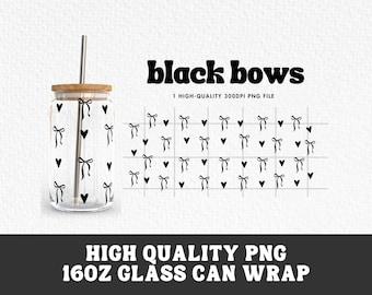 Black Bows Glass Can Wrap PNG, 16oz Libbey Cup (Digital Download)