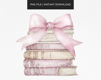 Coquette Stack of Books with Pink Ribbon Bow PNG (Digital Download)