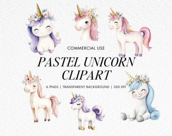 Watercolor Rainbow Unicorn Clipart, 6 PNG Designs (Digital Download)