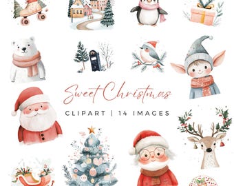 Christmas Watercolor Clipart: Santa, Reindeer, Snowman (PNG, JPG ...